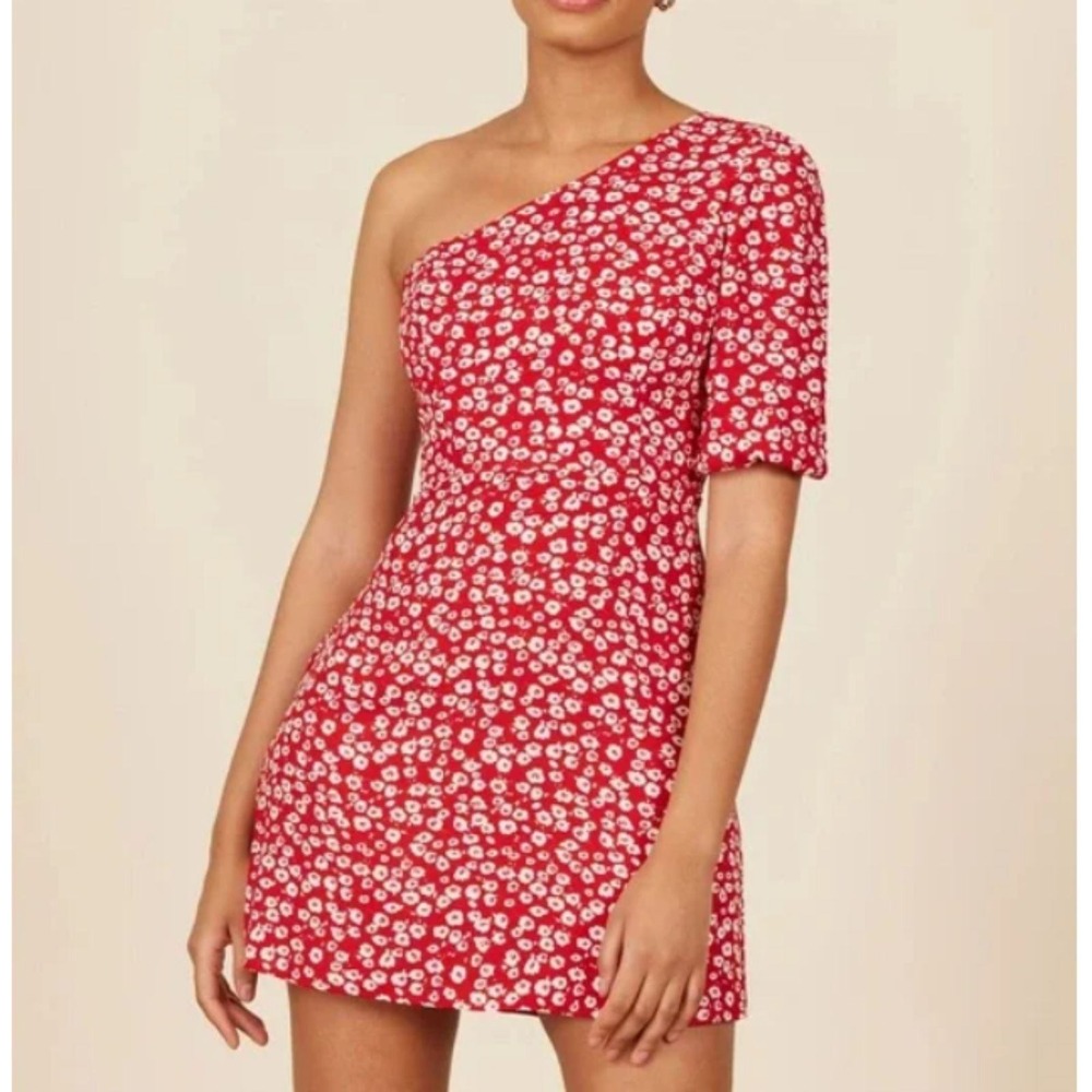 Park & Fifth Mini Dress Womens XS Red Floral One Shoulder Short Sleeve Summer